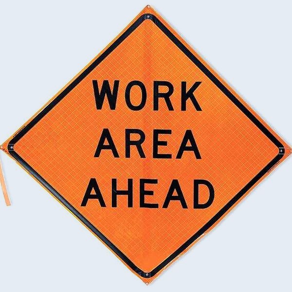 Señalamiento vial enrollable, "Work area ahead"